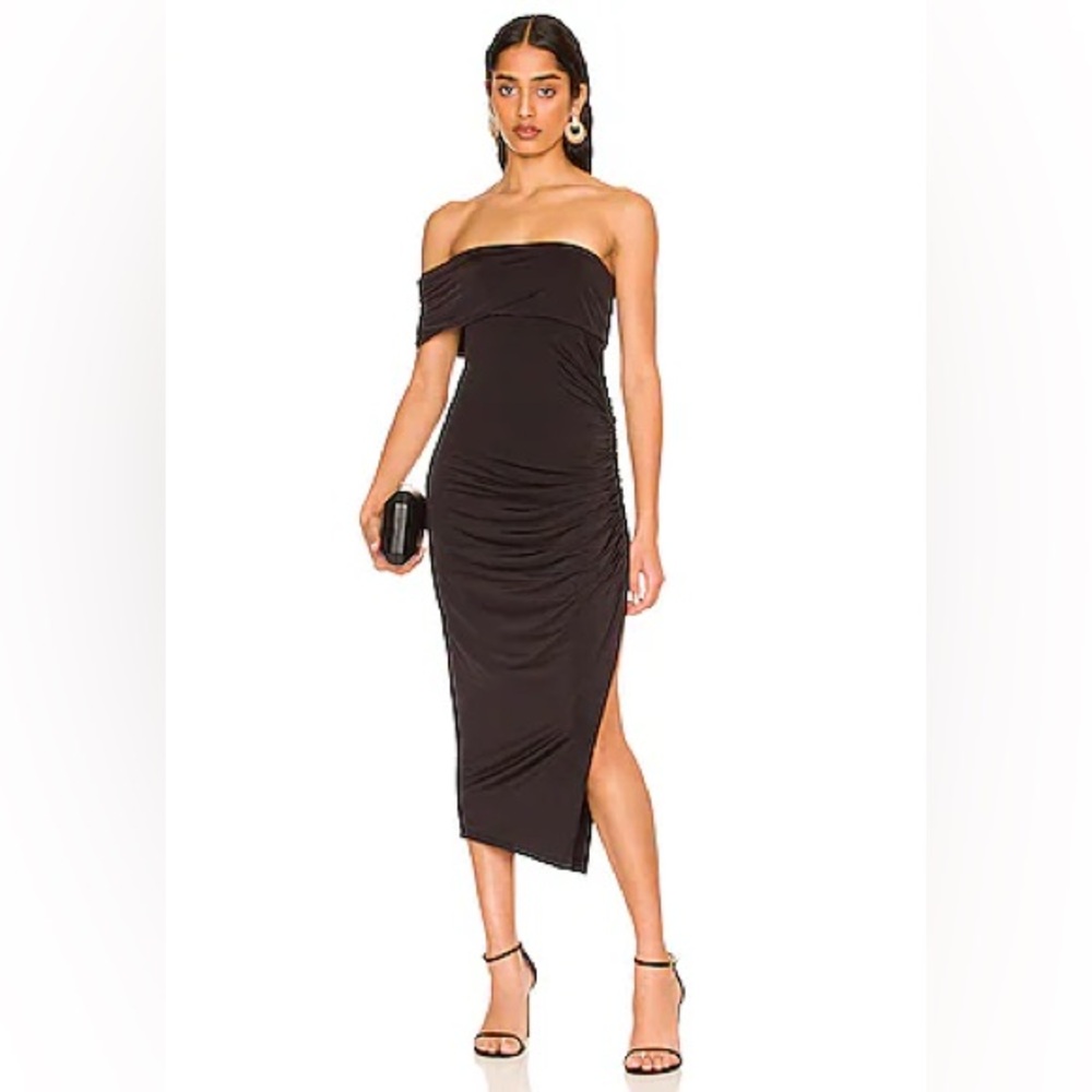 MAJORELLE Off-Shoulder Black Midi Dress